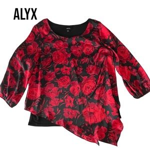 Alyx SILKY FLORAL ROSE BLOUSE Large TUNIC ASYMMETRICAL Black Red EUC